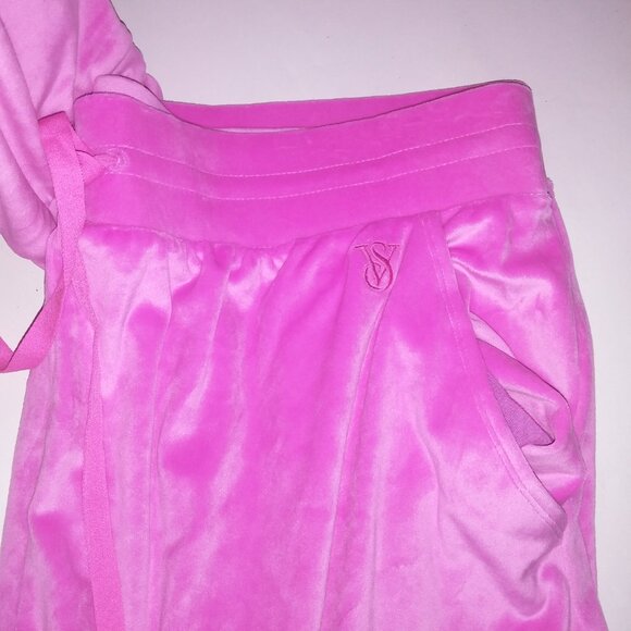 Victoria Secret Jogger Set Crop Top Sweater & Pants Velour Pink Pockets Solid Zi - Picture 9 of 14